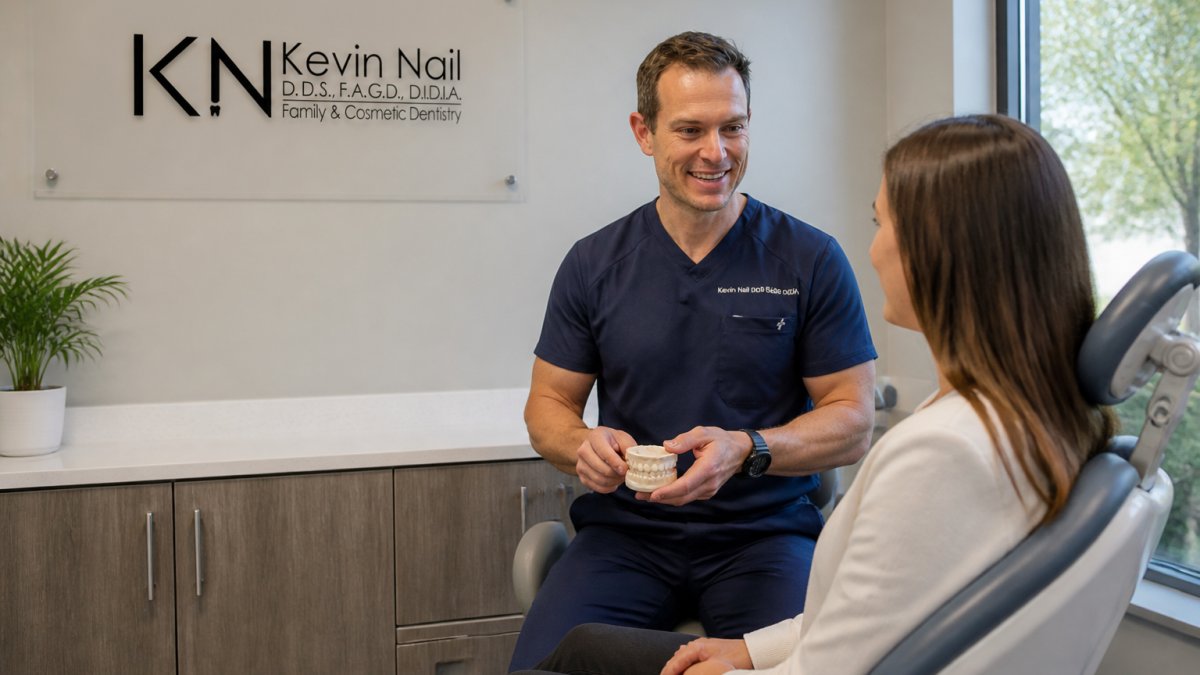 A dentist reviewing a digital treatment plan on a wall-mounted screen with a seated patient in a bright modern consultation room, both looking at a 3D scan of teeth
