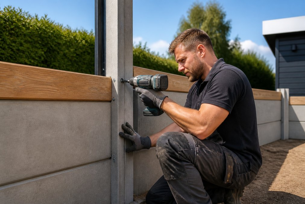 Vakman die betonnen schuttingselementen met gereedschap aan elkaar monteert op een zonnige dag in een tuin
