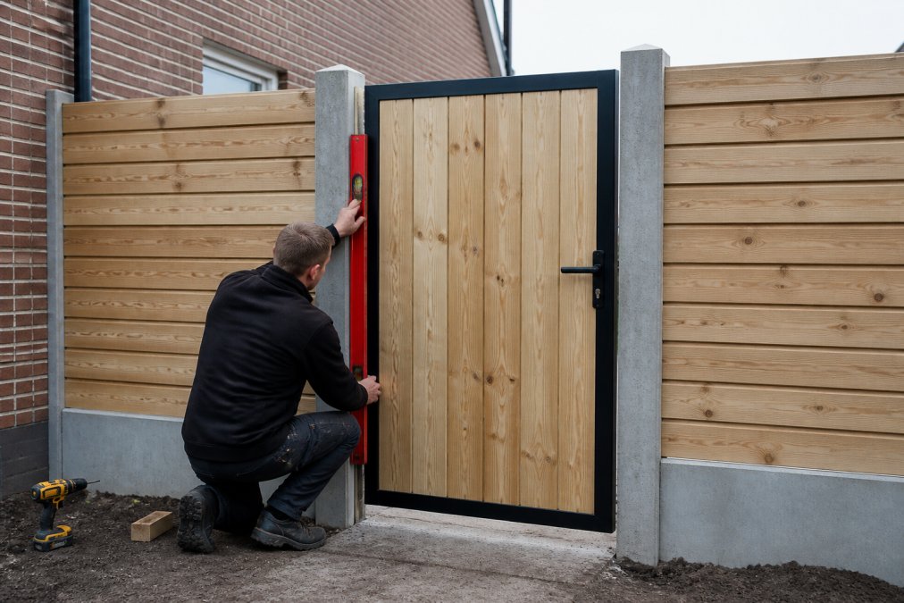 Professionele installatie van een houten poort in een hout beton schutting, met nauwkeurige uitlijning en bevestiging