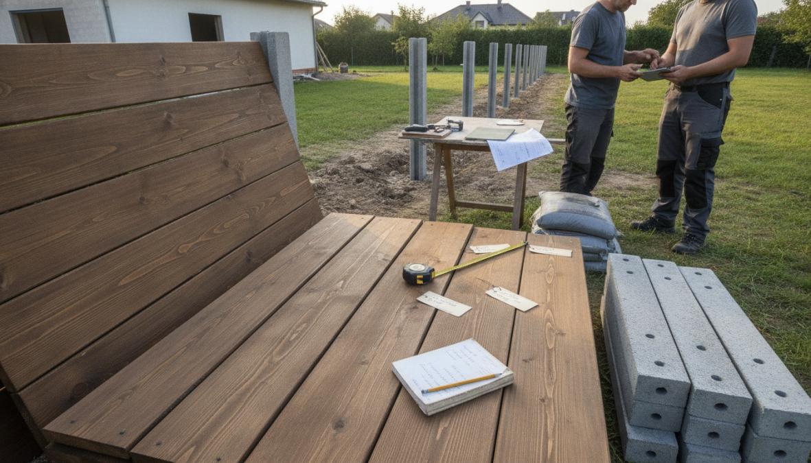 Close-up van verschillende houttypes en betonpalen naast elkaar, met maatvoering en kleurvarianten zichtbaar onder natuurlijk daglicht
