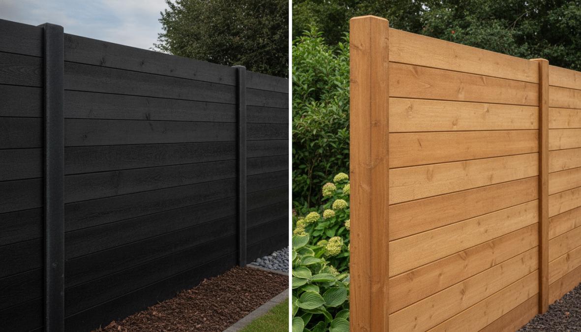 Tuinafscheiding met naturel Douglas hout naast een schutting met zwart Douglas hout, beide met betonnen palen, in een residentiële tuin in Eindhoven met duidelijk zichtbare kleurverschillen