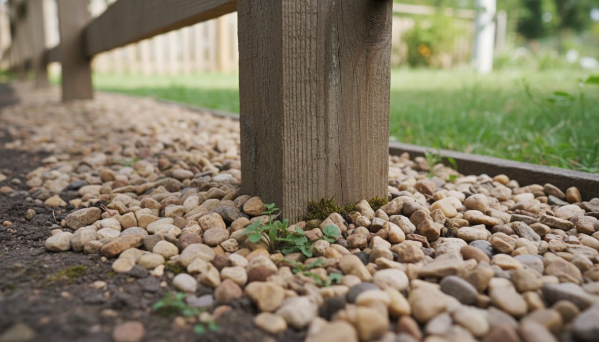 Close-up [van een](/voordelen-van-een-betonnen-schutting/) houten schuttingpaal die wordt geplaatst in de grond, met een zichtbare drainagelaag van grind rondom de voet, in een residentiële tuin op een bewolkte dag