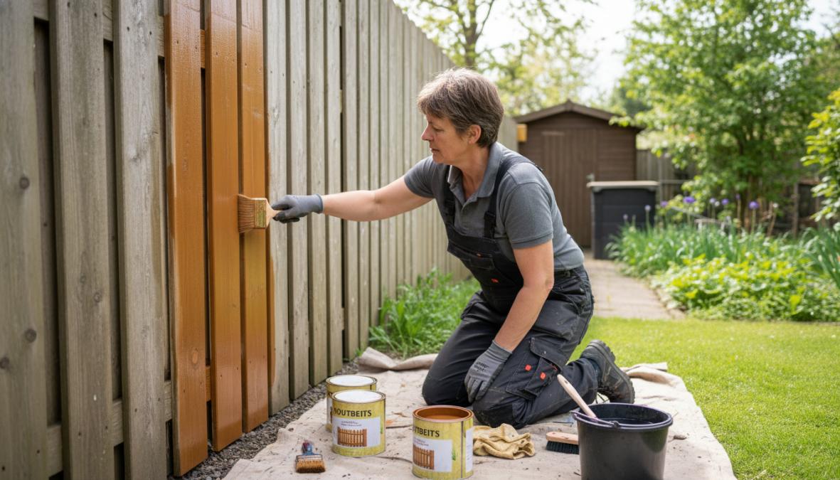 Persoon die met een brede kwast buitenbeits aanbrengt op een houten tuinschutting op een zonnige dag, met een open blik houtbehandelingsproduct zichtbaar op de grond naast de schutting
