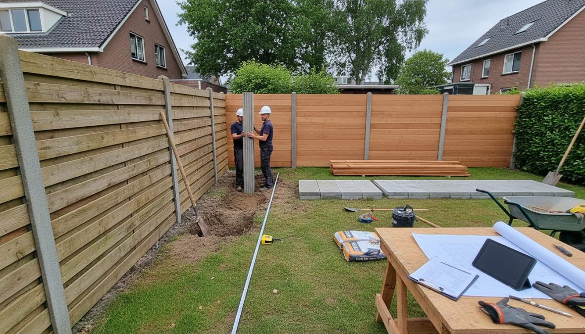 Voltooide hout-beton schutting met Douglas houten planken tussen betonnen schuttingpalen in een nette Nederlandse achtertuin, met gelijkmatige tussenruimte en strakke afwerking in zacht daglicht