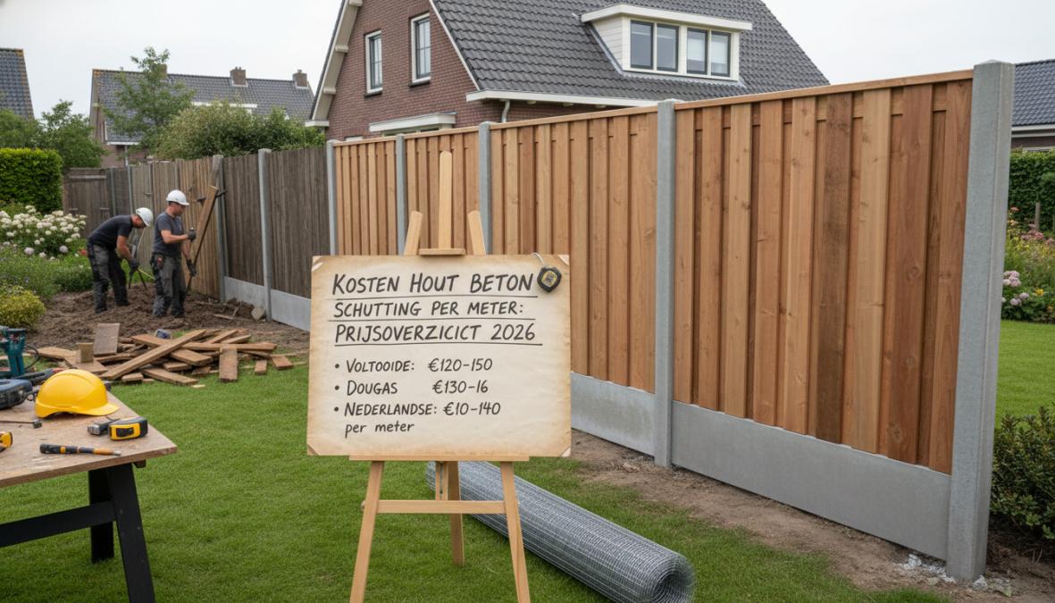 Vakman in werkkleding die een hout-beton schuttingpaneel tussen twee betonnen palen plaatst in een Nederlandse achtertuin, met een waterpas zichtbaar op de paal en gereedschap op de grond