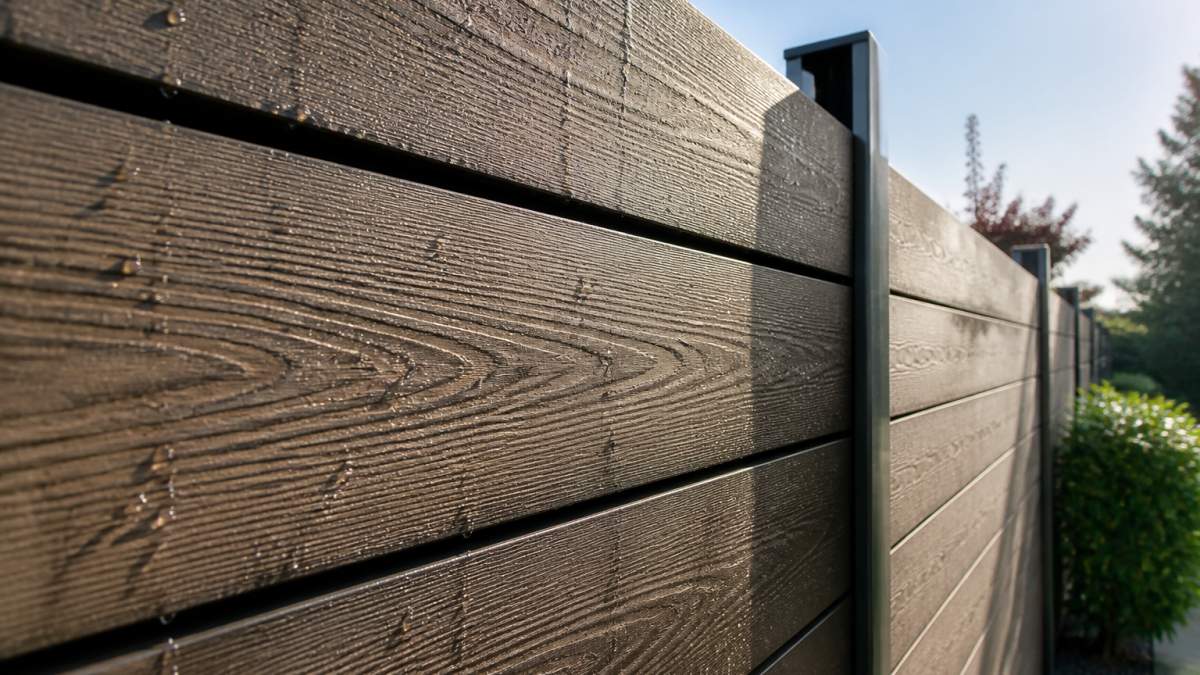 Close-up van composiet schuttingplanken met natuurlijke houtnerfstructuur, regendruppels die eraf glijden, zonnig licht dat de textuur benadrukt, aluminium palen zichtbaar in achtergrond