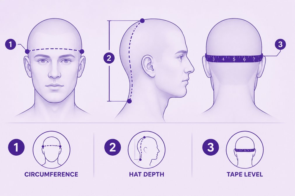 Diagram showing three head measurement points labeled: circumference around fullest part of head at temples and occipital bone, hat depth from center forehead over crown to base of neck, and proper soft tape placement level around head