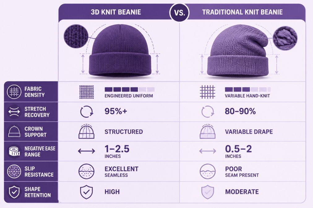 Comparison matrix showing 3D Knit vs. Traditional Knit across six categories: Fabric Density (3D: engineered uniform vs. Traditional: variable hand-knit), Stretch Recovery (3D: 95%+ vs. Traditional: 80-90%), Crown Support (3D: structured vs. Traditional: variable drape), Negative Ease Range (3D: 1-2.5 inches vs. Traditional: 0.5-2 inches), Slip Resistance (3D: excellent seamless vs. Traditional: prone to seam slipping), and Longevity (3D: maintains shape 50+ wearings vs. Traditional: stretches after 20-30 wearings)