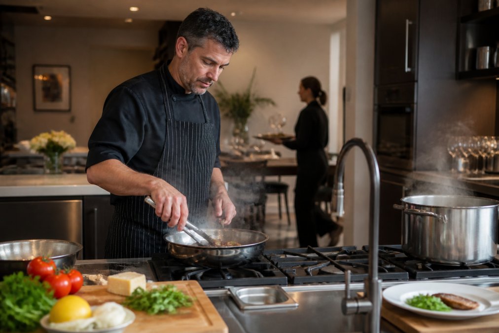 Professional private chef actively cooking at an elegant home kitchen stovetop with fresh ingredients visible, warm ambient lighting, upscale residential setting
