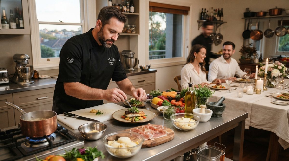 Professional chef in elegant apron plating an exquisitely presented dish at a residential kitchen counter, with fresh herbs, quality cookware, and soft natural light streaming through windows, demonstrating on-site culinary preparation