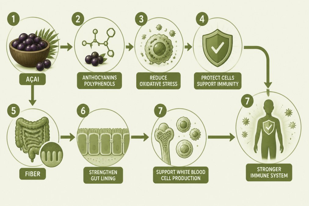 Flowchart showing how anthocyanins and polyphenols from açai reduce oxidative stress, while fiber strengthens gut lining and supports white blood cell production