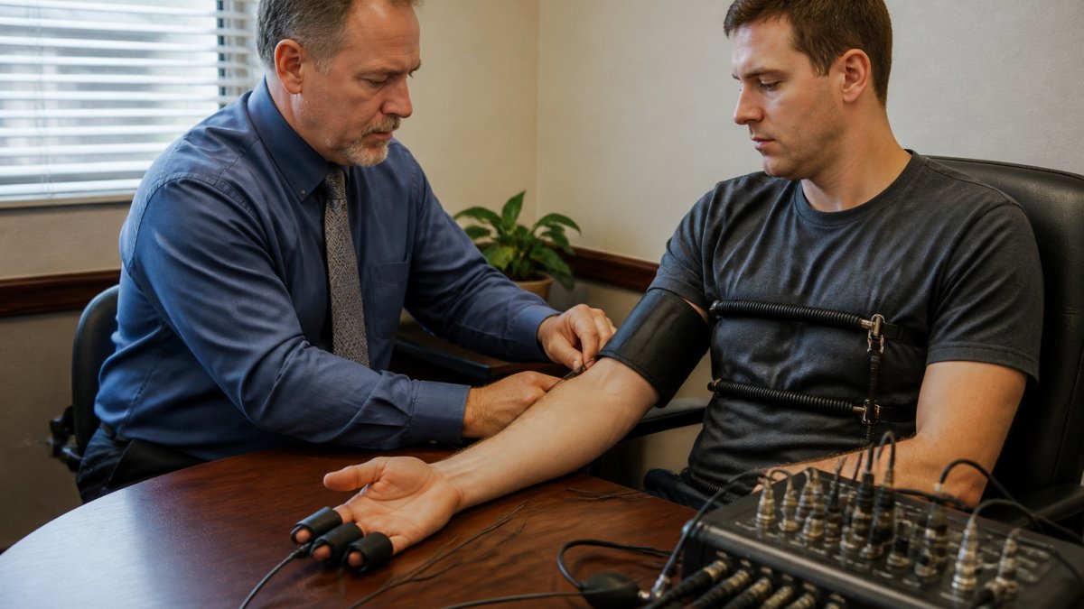 A certified polygraph examiner in a quiet, private office adjusting sensors on a client's arm and fingertips, with a polygraph instrument visible on the desk and soft natural light coming through blinds