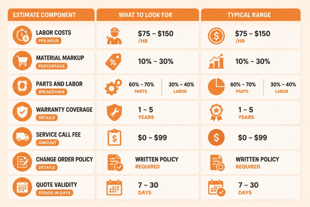 Comparison matrix showing itemized plumbing estimate components: labor costs per hour, material markup percentage, parts and labor breakdown, warranty coverage details, service call fee amount, change order policy, and quote validity period in days