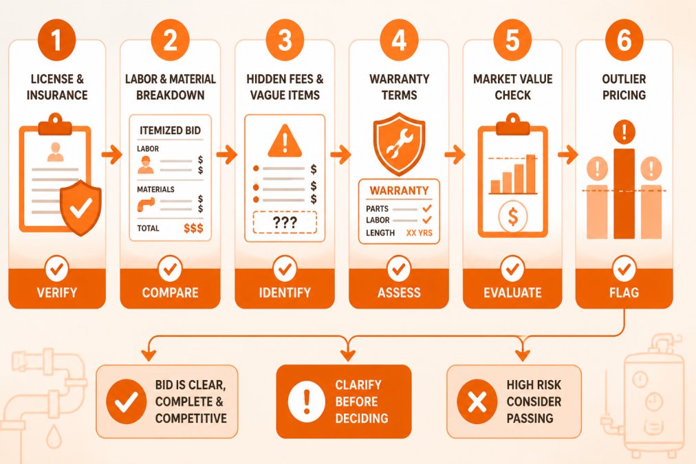 Decision flowchart for evaluating plumbing bids: verify contractor licensing and insurance status, compare itemized labor and material breakdowns, identify hidden fees or vague line items, assess warranty terms and coverage length, determine if pricing aligns with fair market value, and flag bids that are significantly lower or higher than others