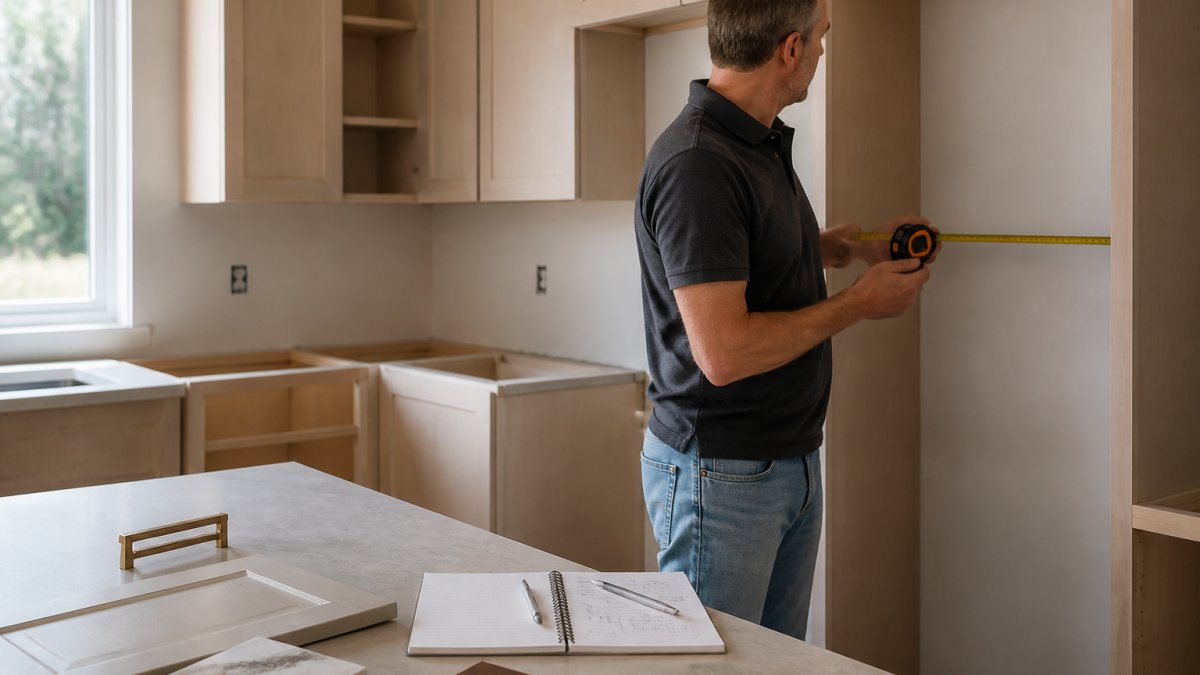 Homeowner measuring a kitchen space to check how accurate is 3d kitchen visualization against real dimensions