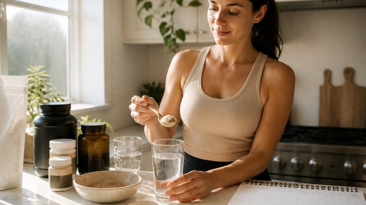 Person measuring adaptogenic powder into a clean glass of water on a kitchen counter, with supplement bottles and a weekly calendar visible, natural morning sunlight streaming through the window