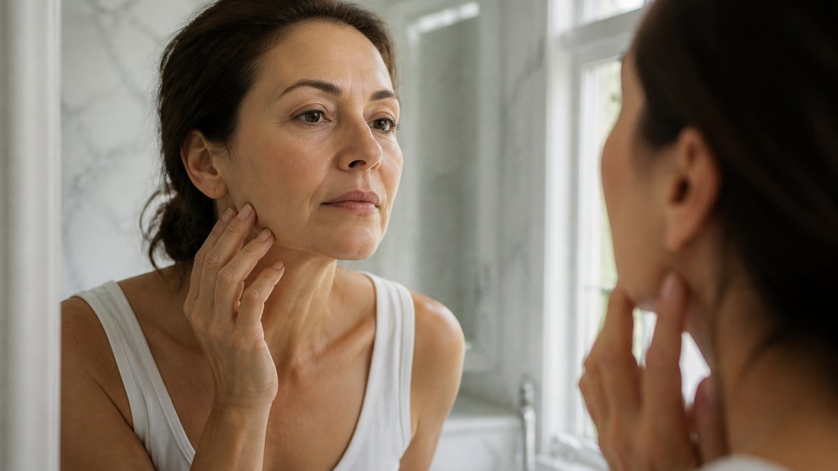 Woman in her late 40s checking her facial volume and skin contours in a bright bathroom mirror reflection.