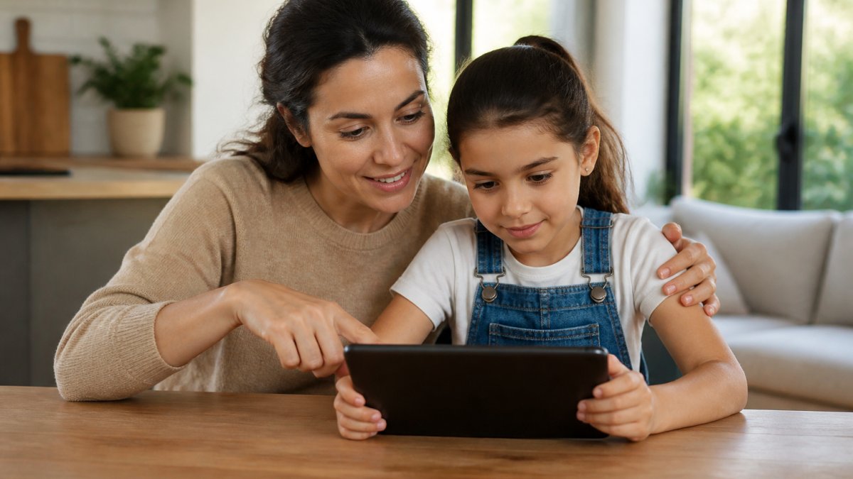 Parent and child sitting together at a table with a tablet, parent pointing at the screen while child watches, bright home environment with natural light