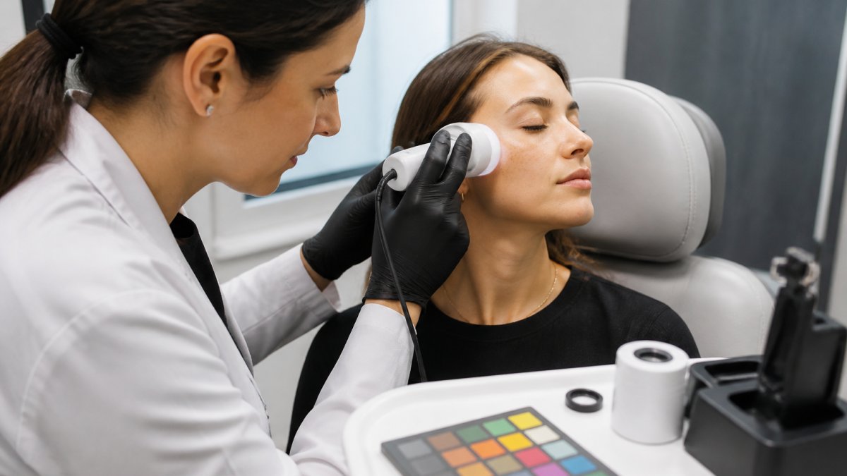 Dermatologist using a handheld imaging device for AI skin diagnostics on a patient's cheek in a clinic