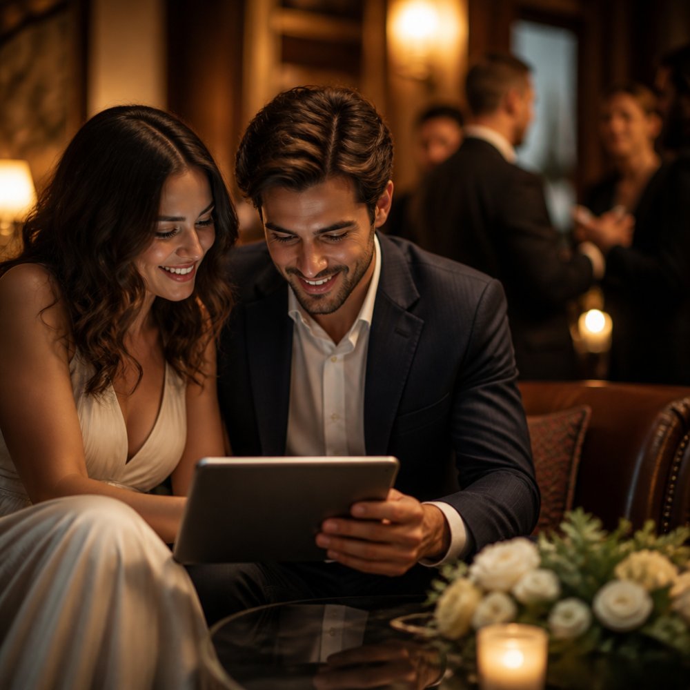 Couple reviewing personalized wedding details on a tablet with warm ambient lighting, smiling at the screen