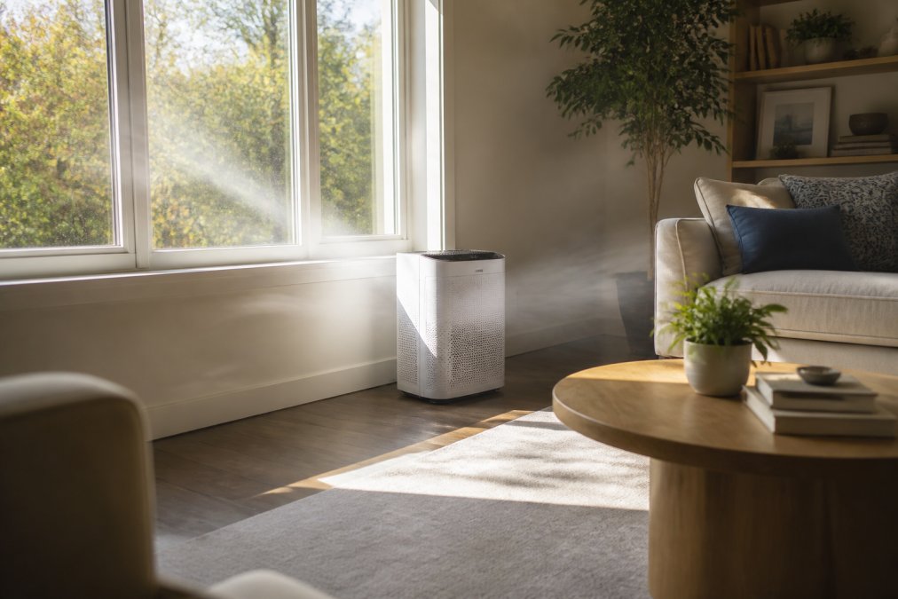A clean modern living room with a white air purifier placed three feet from the wall, positioned between a window and a seating area, with morning sunlight streaming through the window and highlighting the visible airflow path