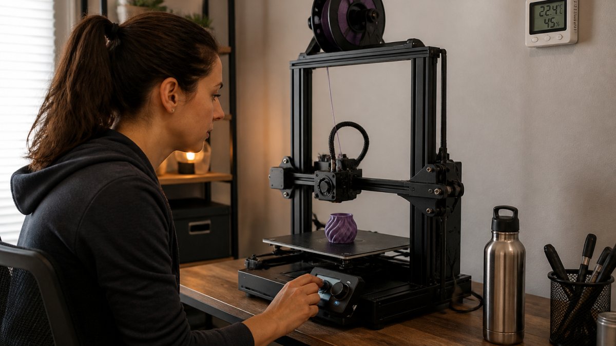User adjusting settings on a 3D printer while monitoring the ambient temperature 3D printing environment.