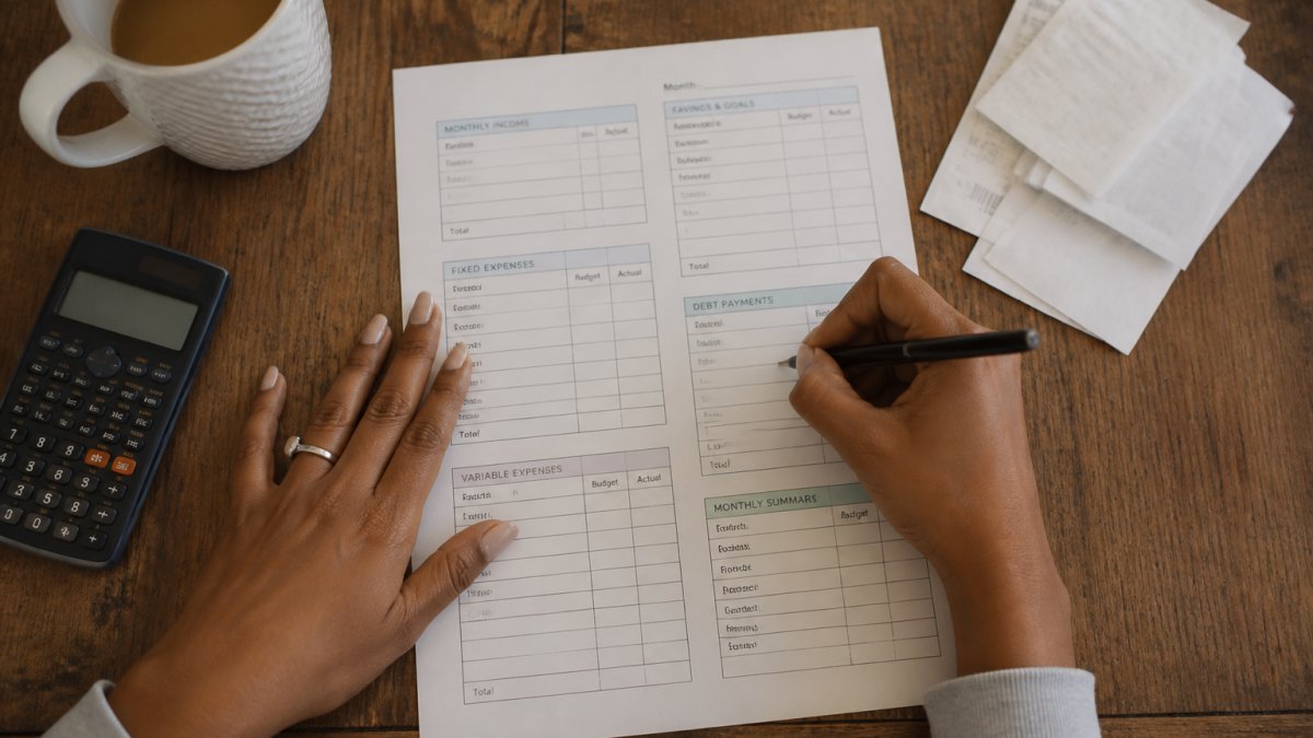 Hands filling out a printed budget planner with a pen, coffee, receipts, and a calculator on a wooden desk.