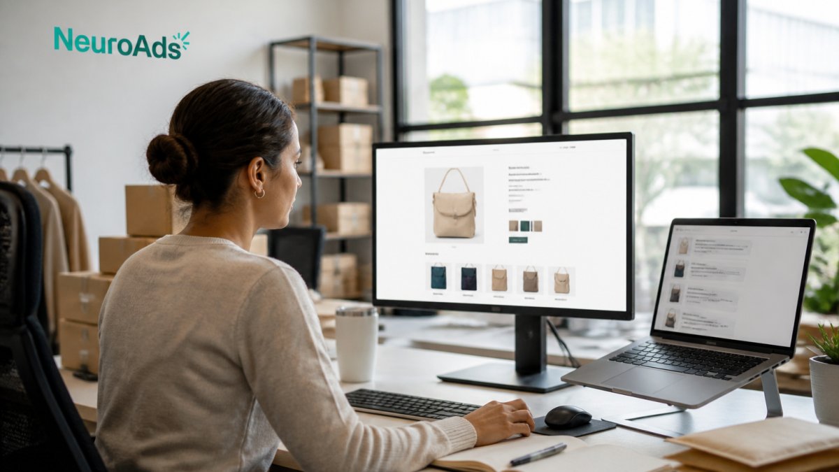 Media manager reviewing campaign dashboards and product pages for AI ad optimization workflows