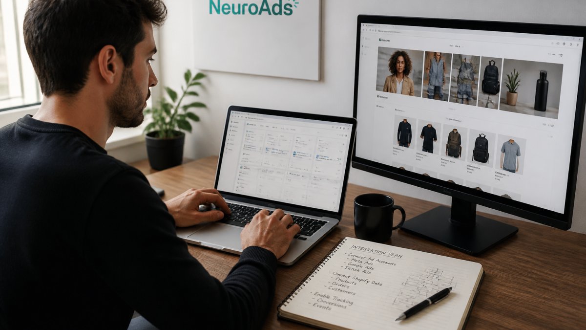 Flowchart illustrating the process to connect ad accounts and Shopify data for campaign optimization.