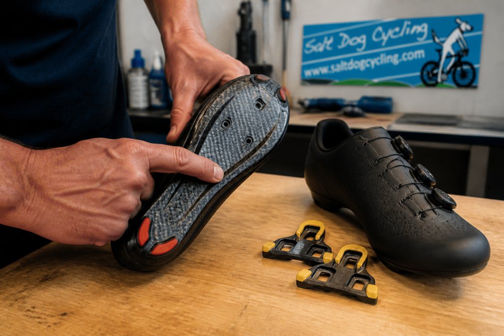 Close-up photograph of a cyclist's hand pressing the carbon fibre sole of a road cycling shoe on a workbench, with a second shoe and cleats visible nearby