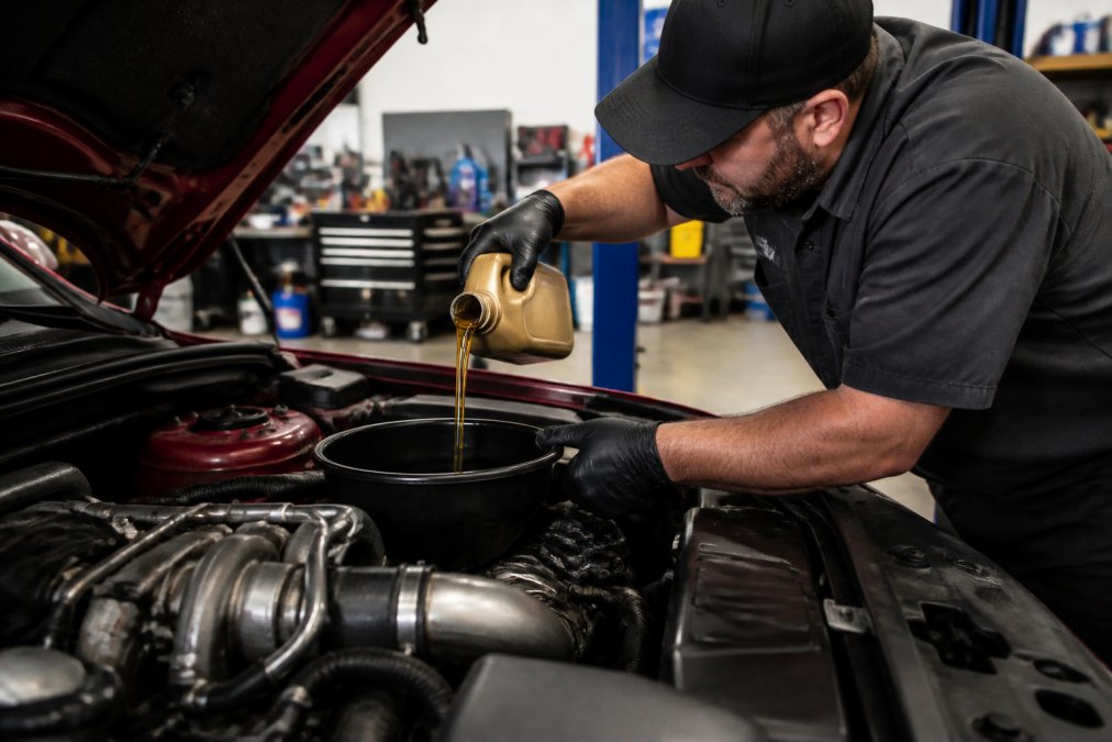 Experienced mechanic performing synthetic oil change on turbocharged engine, with amber-colored synthetic oil bottle and drain pan visible, well-lit professional shop with organized tool layout