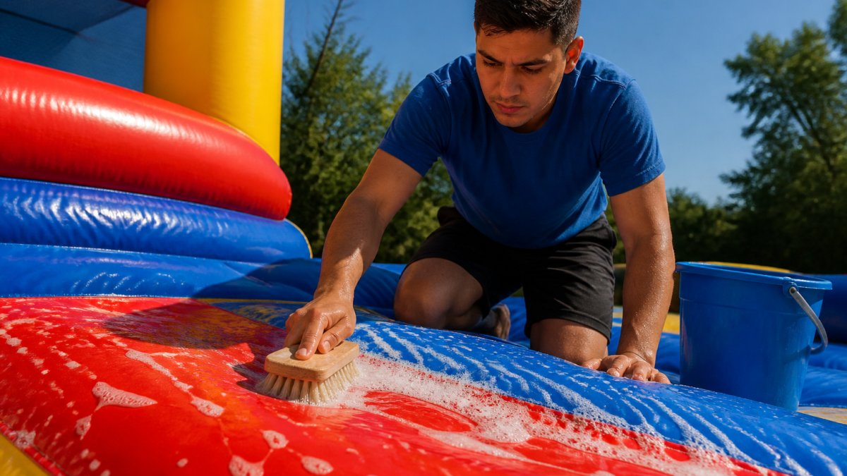 Professional demonstrating proper cleaning technique on vinyl bounce house surface with soft-bristled brush and soapy water in bright outdoor setting