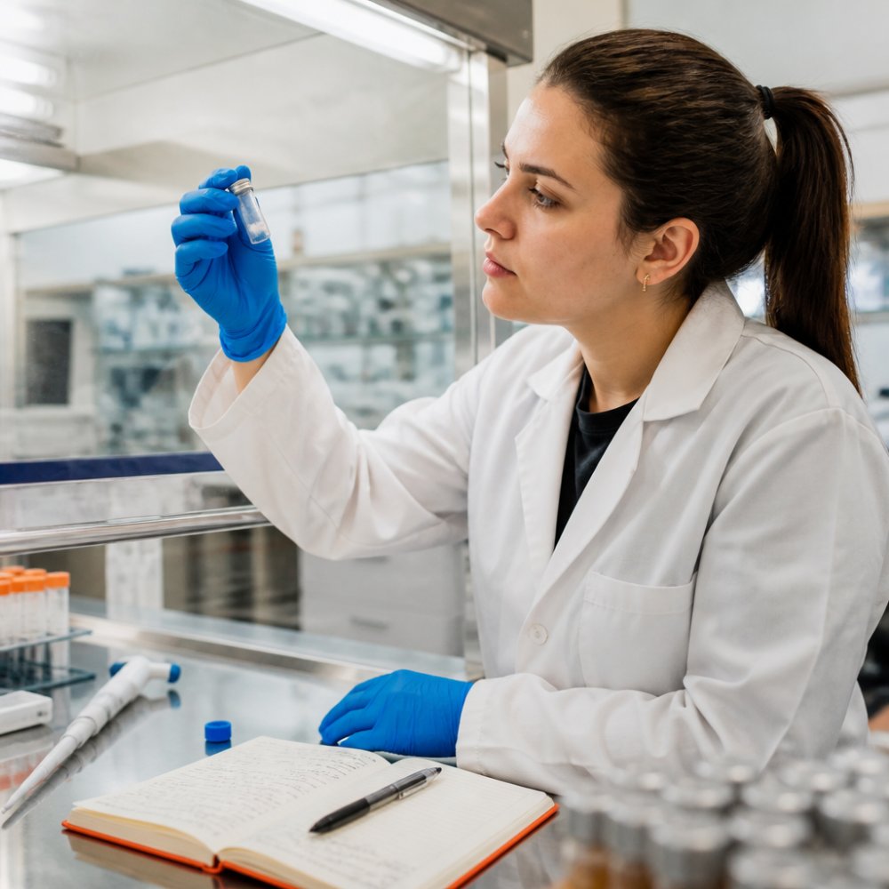 A researcher in a lab coat examining a vial of lyophilized peptide powder under a fume hood, with a notebook and pipette nearby in a bright laboratory setting