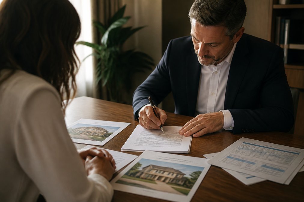 Real estate professional signing bridge loan documents at a desk with property photos, closing papers, and financial statements visible under warm office lighting