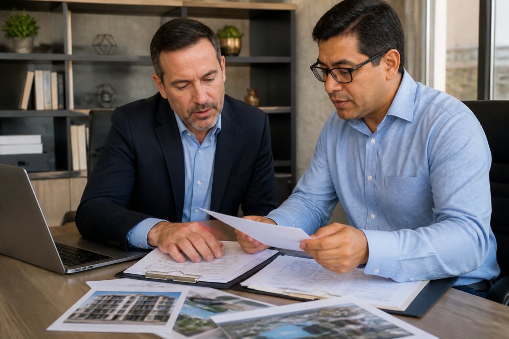 Loan officer and investor reviewing property details and financial documents together at a professional office desk with computer, property photos, and closing papers visible