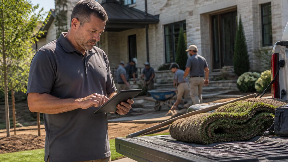 Landscaping crew leader using a tablet for AI-powered marketing landscaping tasks at a job site