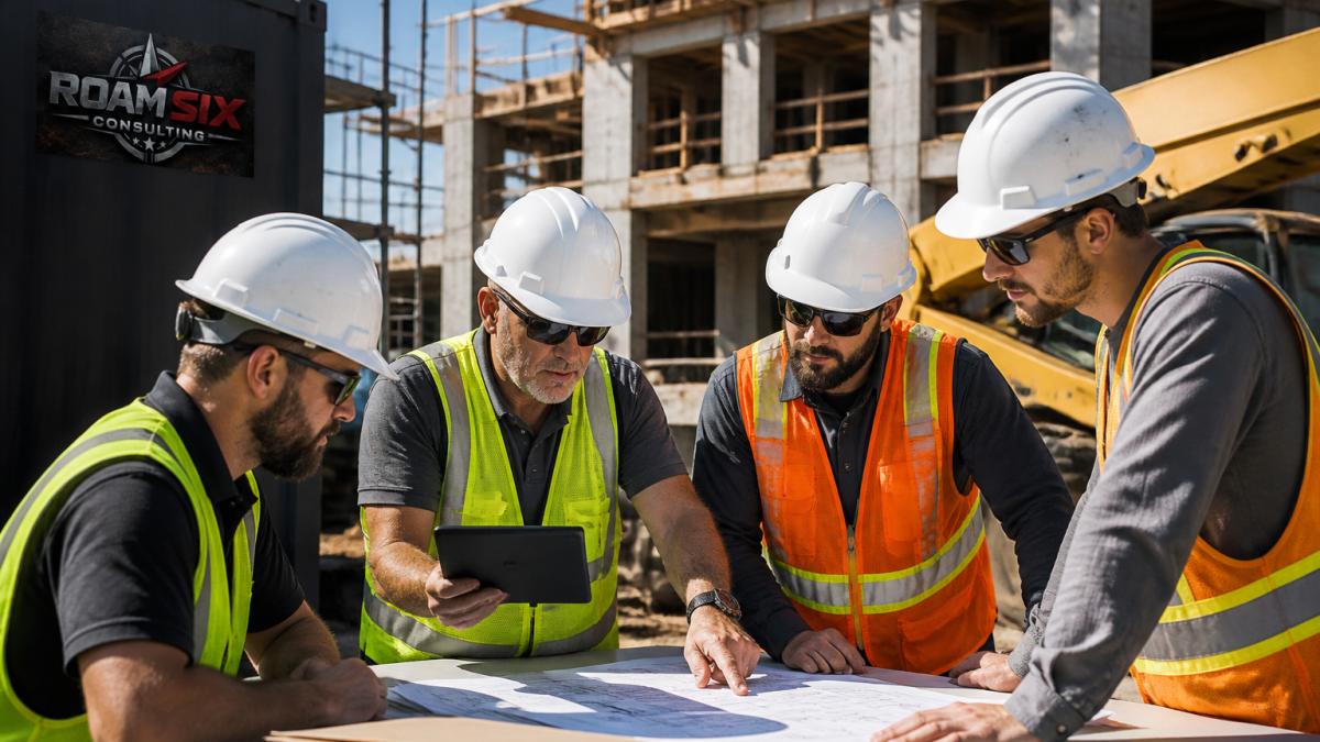 Construction crew on jobsite collaborating around a tablet with blueprints, workers in hard hats and safety vests discussing project progress in natural daylight