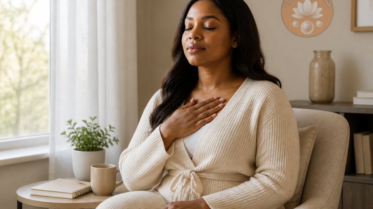 Woman sitting peacefully with eyes closed, practicing grounding techniques emotions by placing a hand on her chest.