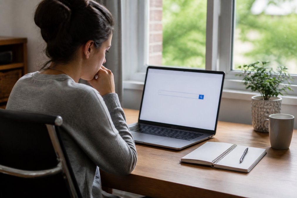 A person sitting at a home desk, looking at a laptop screen with a search engine open, notebook and pen beside them, natural window light