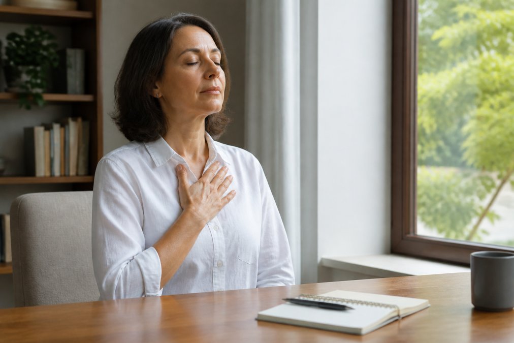 Five-step process to stop overthinking, shown with a calm woman practicing mindful breathing by a window.