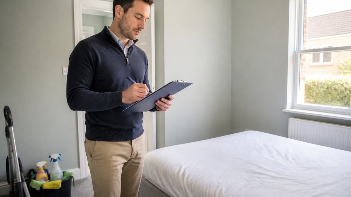 Landlord inspecting a freshly painted bedroom with a checklist during void periods to ensure a quick turnaround.