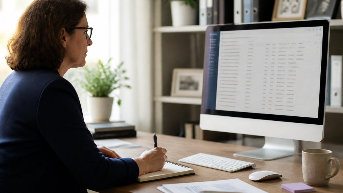 Professional reviewing lead scoring data on computer screen with CRM dashboard visible, taking notes at desk