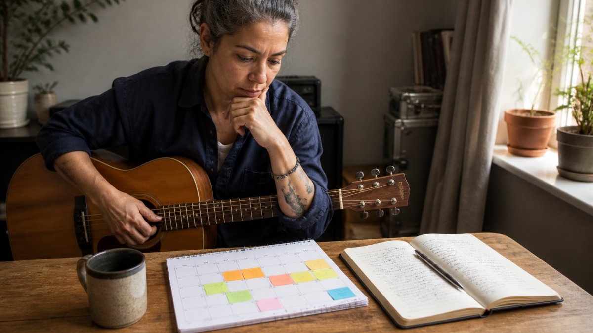 Diagram showing a step-by-step process for planning a weekly music practice schedule at a desk