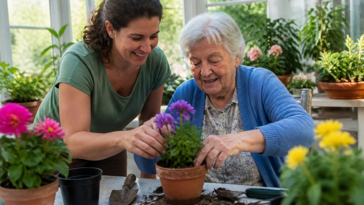 Caregiver and senior planting flowers together in a sunny indoor garden for personalized care dementia engagement