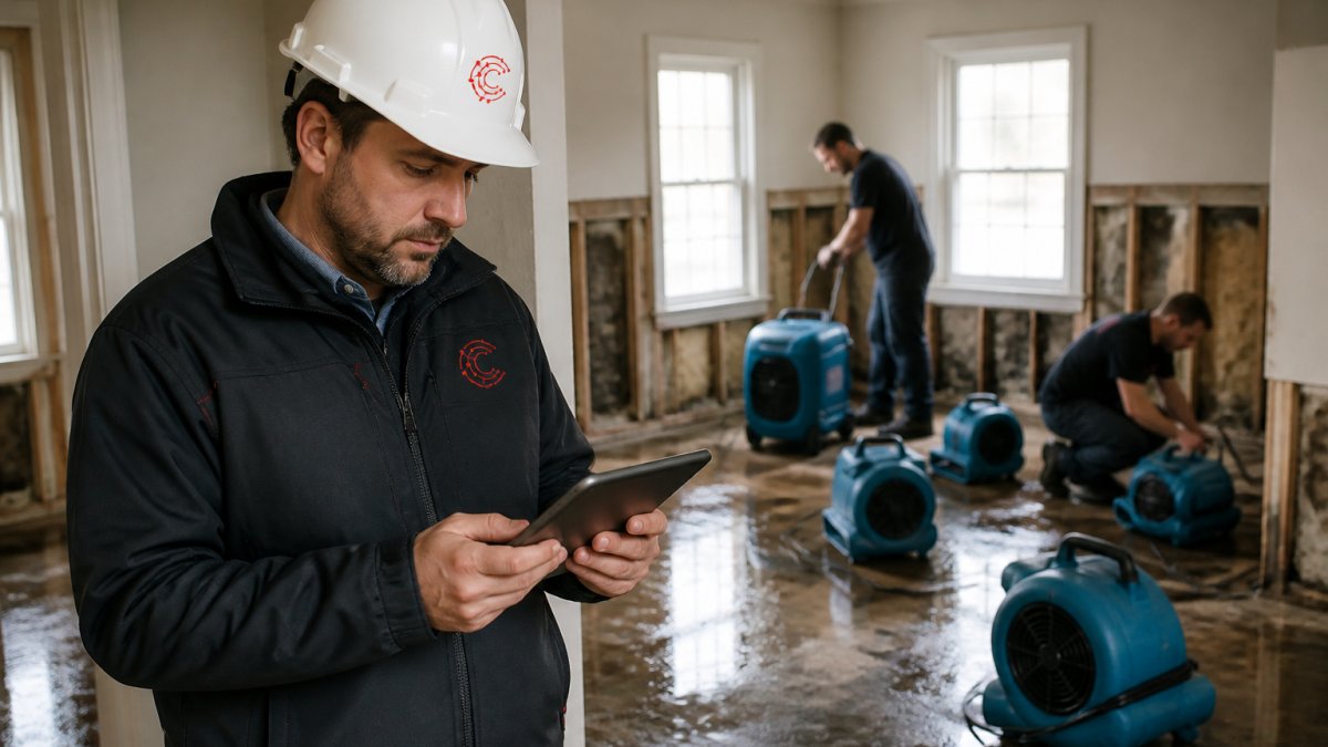Project manager using a tablet to monitor field operations at a water-damaged restoration site.