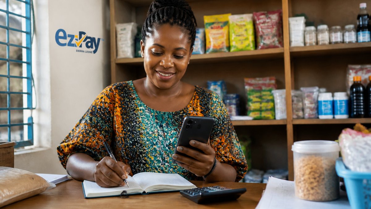 A small business shop owner at a wooden desk in a bright store, holding a smartphone with a digital wallet app open, a paper notebook and calculator beside her, shelves of packaged goods behind her