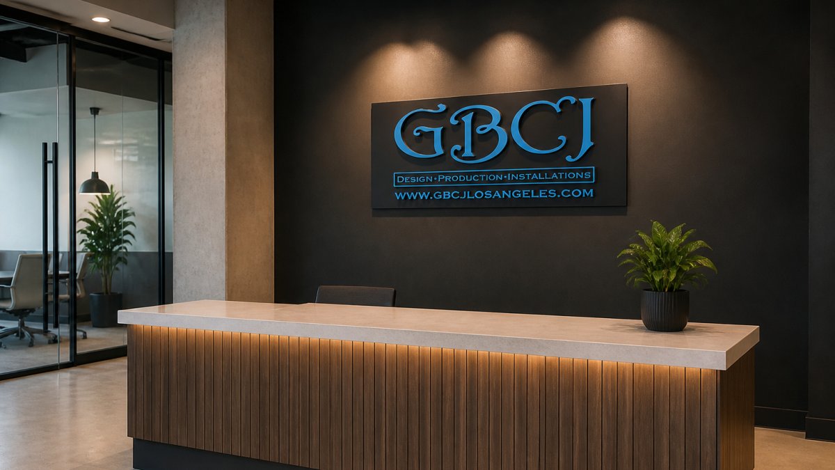 Dimensional metal logo on a dark wall enhancing reception area branding in a modern startup lobby.