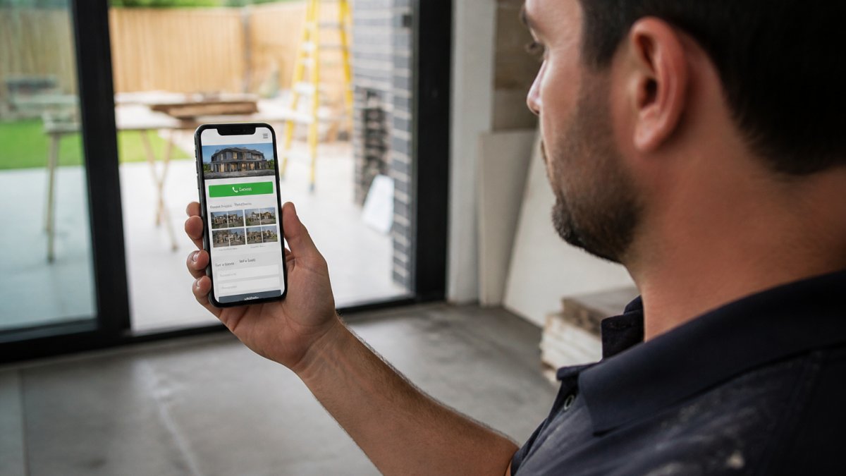 Professional tradesperson holding smartphone showing mobile-friendly website with prominent green "Call Now" button, project gallery, and contact form visible on screen in natural daylight