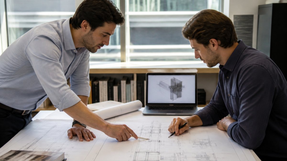 Facade engineers reviewing shop drawings to avoid RFI during the design process