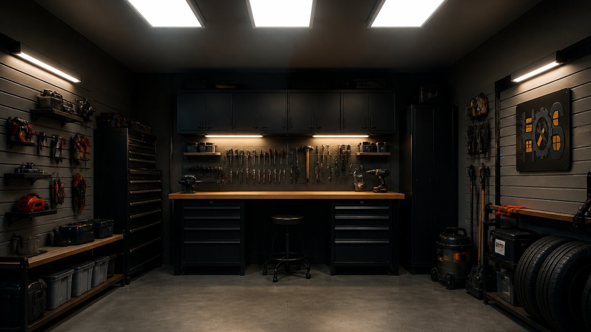 Professional garage workshop with overhead LED panel lights, wall-mounted fixtures flanking the space, and focused task lighting above a wooden workbench, creating even illumination across tool storage and work areas